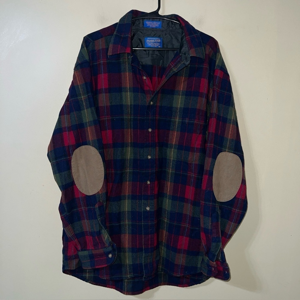 Pendleton VTG 100% Wool Long Sleeve Shirt Leather Elbow Patches XL Made in USA